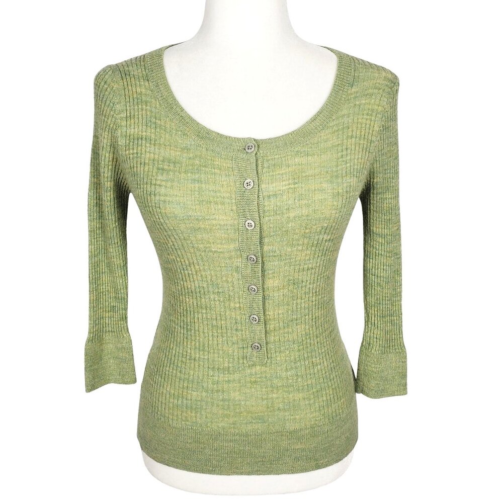 Free People Wool Ribbed Knit Sweater Green Women's Medium Elbow Sleeves Fall